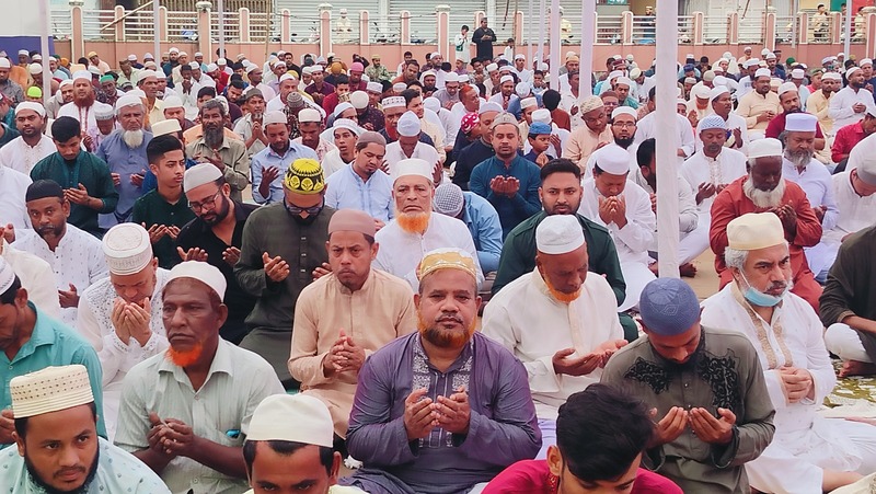 "Leaders and worshippers at the first Eid-ul-Azha congregation held at Khagrachari Central Eidgah Maidan, led by Maulana Mohammad Salauddin Qaderi.  Photo: Voice7 News